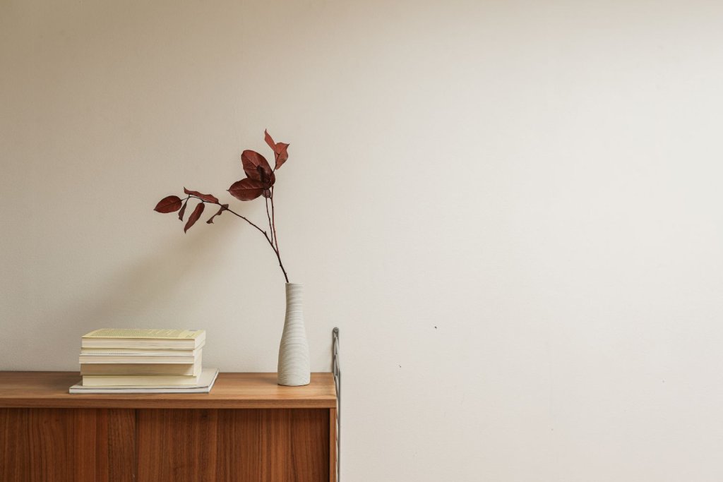 Vase blanc avec branche délicate posé sur un meuble en bois dans un intérieur épuré aux tons neutres.