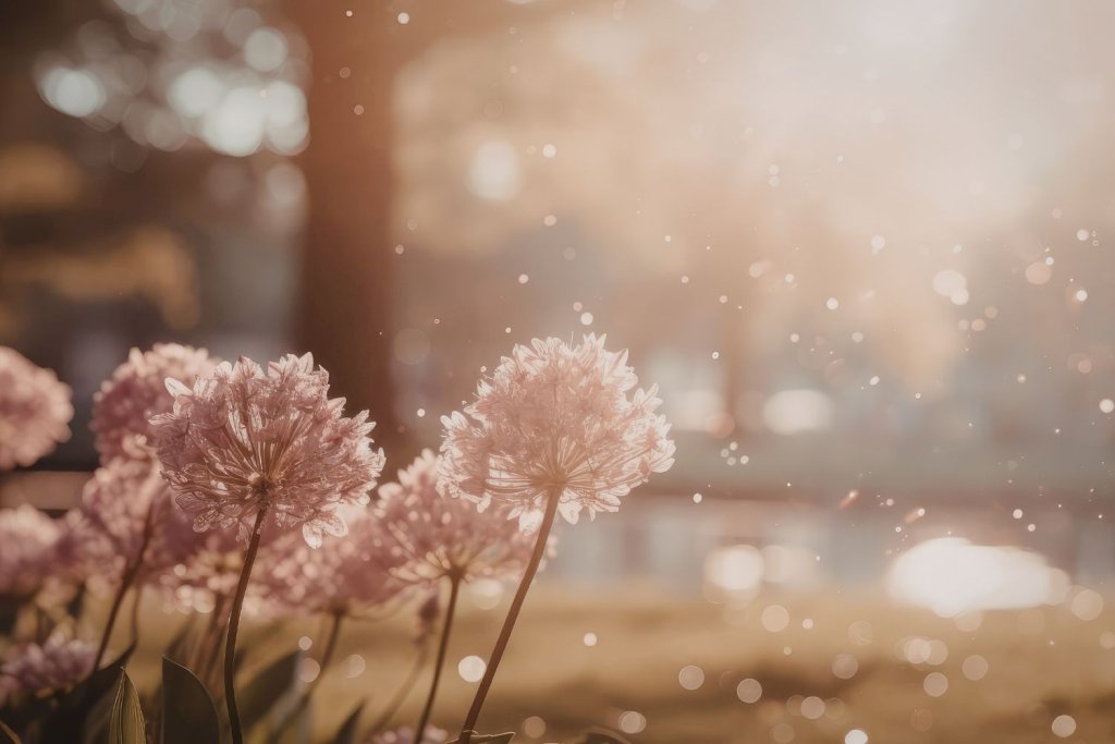 Petites fleurs rosées baignées de lumière dorée avec arrière-plan flou et ambiance douce.