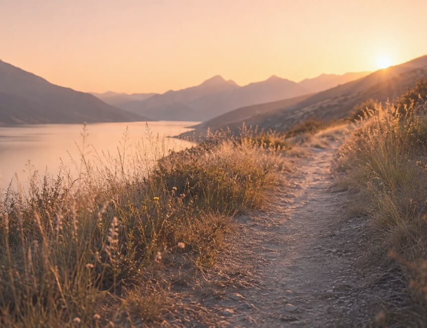 Sentier de montagne au coucher du soleil
