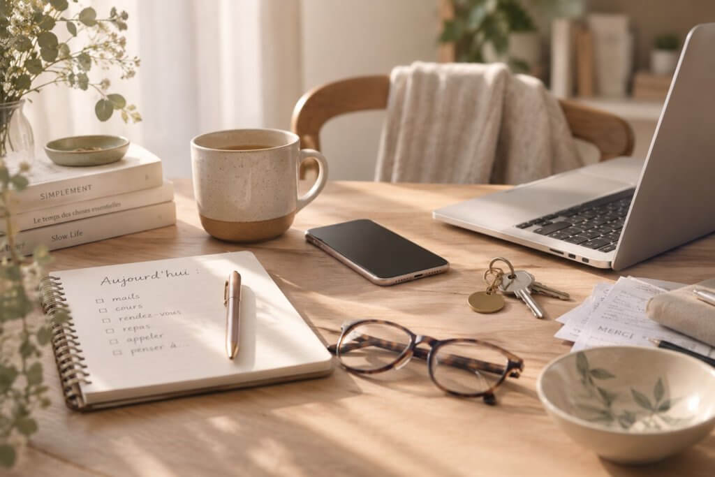 Table en bois avec carnet, téléphone, ordinateur et plusieurs objets du quotidien, évoquant une journée composée de nombreuses petites tâches.