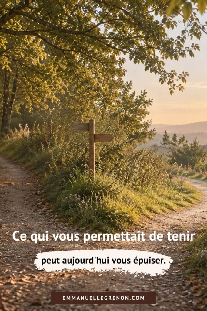 Épingle Pinterest montrant un chemin forestier qui se divise en deux voies, avec le texte « Ce qui vous permettait de tenir peut aujourd'hui vous épuiser. »