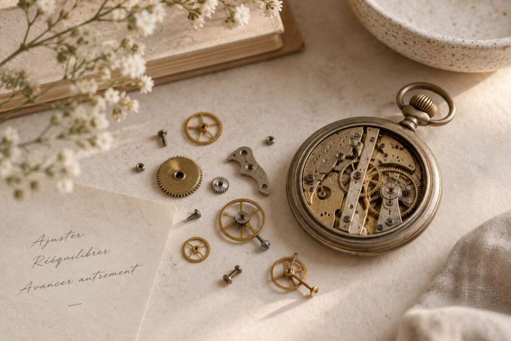 Montre à gousset ancienne ouverte, entourée de plusieurs pièces et engrenages démontés sur une table aux tons naturels.