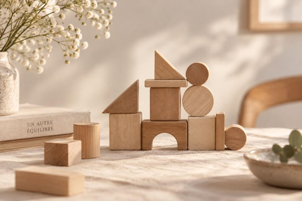 Composition de blocs en bois de différentes formes réorganisés en équilibre sur une table, avec des fleurs blanches et des éléments naturels en arrière-plan.