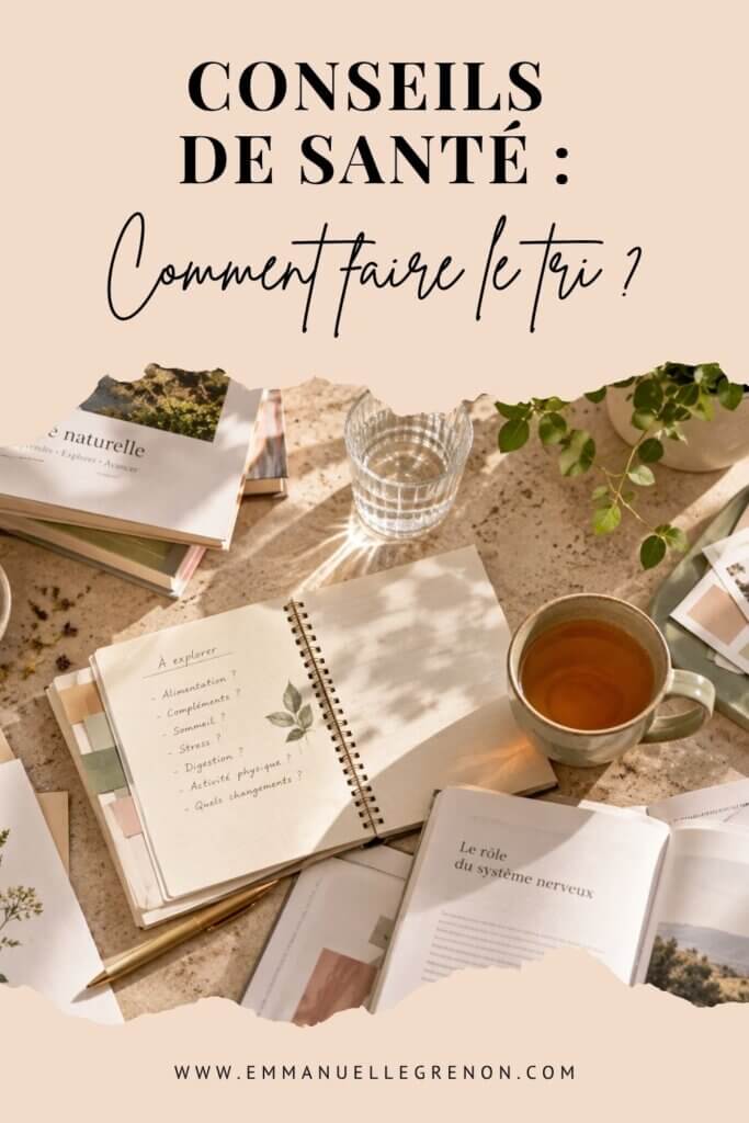 Bureau avec livres et notes sur la santé naturelle, vu de dessus.