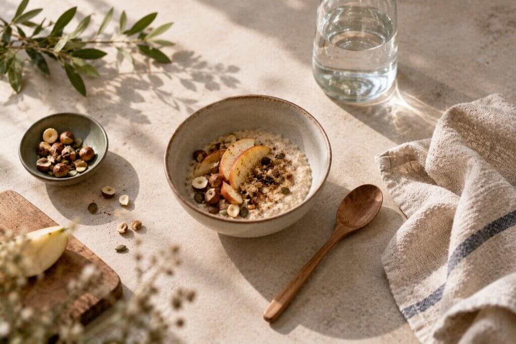 Bol de porridge aux fruits et aux noisettes sur une table en pierre.