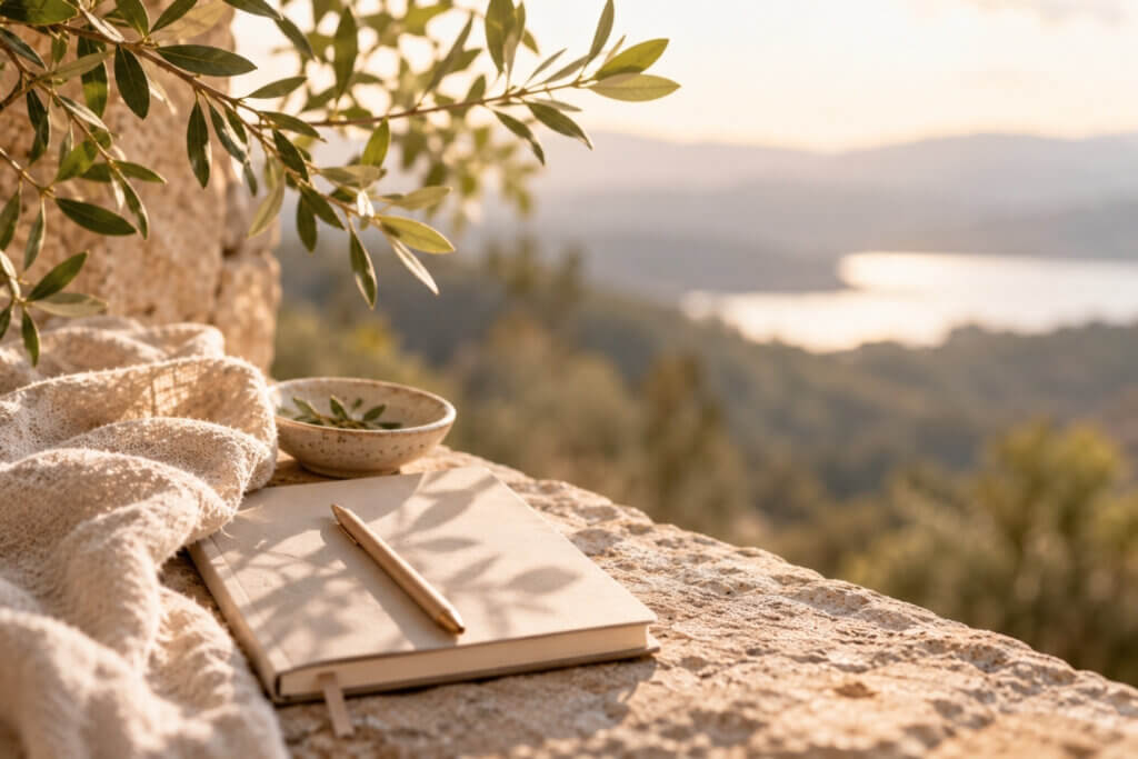 Carnet et stylo posés sur une terrasse ensoleillée face à un paysage vallonné.